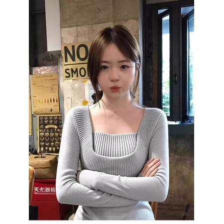 FA56715# 高级感假两件方领毛衣新款春季短款修身针织上衣  服裝批發女裝批發服飾貨源