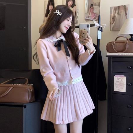 FA56716# 小个子香风粉色蕾丝针织毛衣连衣裙女秋冬季新款韩系绝美套装  服裝批發女裝批發服飾貨源