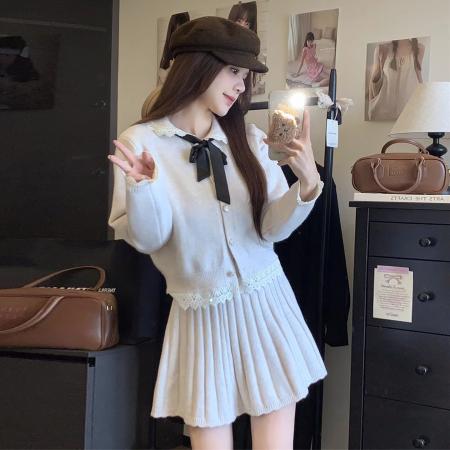 FA56716# 小个子香风粉色蕾丝针织毛衣连衣裙女秋冬季新款韩系绝美套装  服裝批發女裝批發服飾貨源