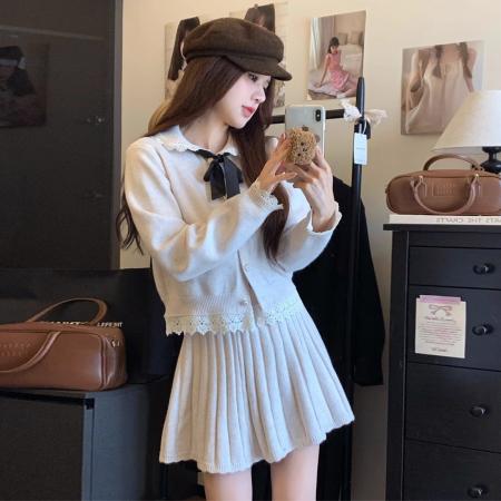 FA56716# 小个子香风粉色蕾丝针织毛衣连衣裙女秋冬季新款韩系绝美套装  服裝批發女裝批發服飾貨源