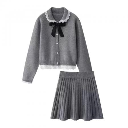 FA56716# 小个子香风粉色蕾丝针织毛衣连衣裙女秋冬季新款韩系绝美套装  服裝批發女裝批發服飾貨源