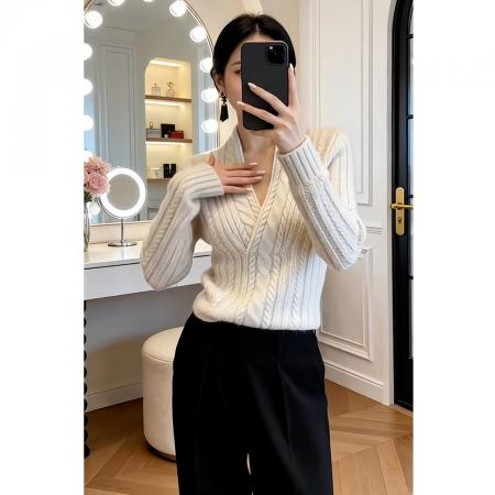FA56717# 巨好看的韩系穿搭v领麻花针织衫女秋冬修身显瘦加厚内搭打底毛衣  服裝批發女裝批發服飾貨源