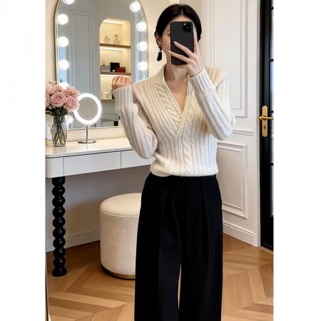 FA56717# 巨好看的韩系穿搭v领麻花针织衫女秋冬修身显瘦加厚内搭打底毛衣  服裝批發女裝批發服飾貨源