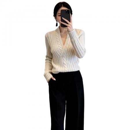 FA56717# 巨好看的韩系穿搭v领麻花针织衫女秋冬修身显瘦加厚内搭打底毛衣  服裝批發女裝批發服飾貨源