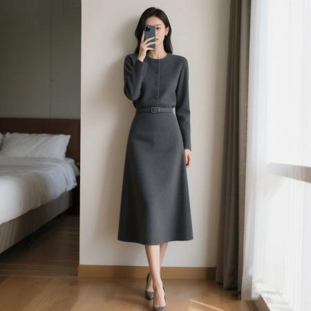 FA56718# 法式复古针织连衣裙子女秋冬季新款配大衣内搭打底气质长裙  服裝批發女裝批發服飾貨源