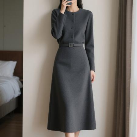 FA56718# 法式复古针织连衣裙子女秋冬季新款配大衣内搭打底气质长裙  服裝批發女裝批發服飾貨源