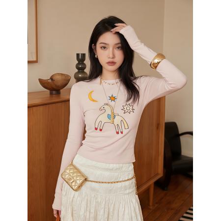 FA56719# 韩系刺绣长袖打底衫T恤女早春季新款修身显瘦高级感上衣  服裝批發女裝批發服飾貨源