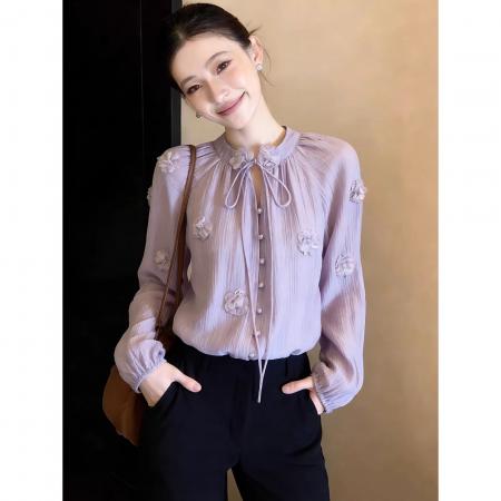 FA56720# 紫色衬衫女长袖春季新款独特漂亮超好看气质系带内搭小衬衣  服裝批發女裝批發服飾貨源