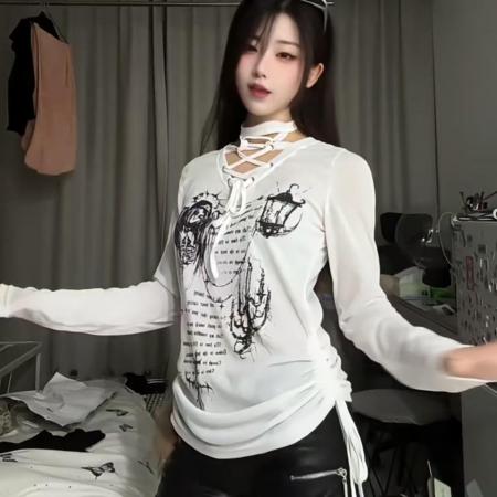 FA56721# 韩版复古辣妹风长袖T恤女设计感小众时尚百搭印花上衣  服裝批發女裝批發服飾貨源