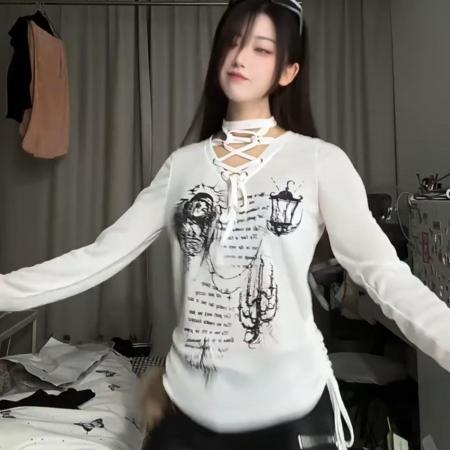 FA56721# 韩版复古辣妹风长袖T恤女设计感小众时尚百搭印花上衣  服裝批發女裝批發服飾貨源