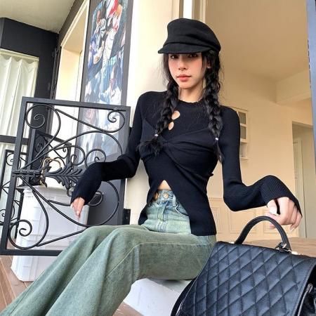 FA56723# 设计感新中式套头半高领镂空针织衫上衣女春季新款黑色毛衣潮  服裝批發女裝批發服飾貨源