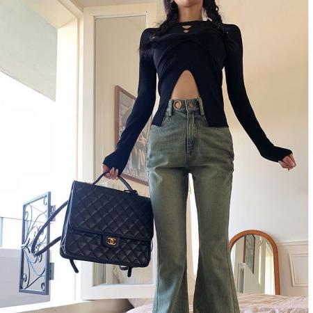 FA56723# 设计感新中式套头半高领镂空针织衫上衣女春季新款黑色毛衣潮  服裝批發女裝批發服飾貨源