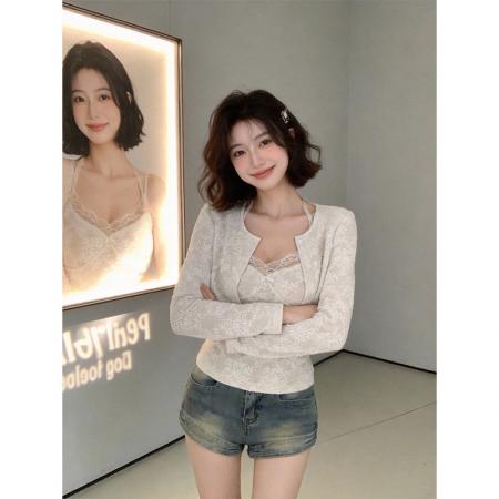 FA56725# 甜美蕾丝拼接短款上衣女早春纯欲性感蝴蝶结吊带背心长袖针织开衫  服裝批發女裝批發服飾貨源