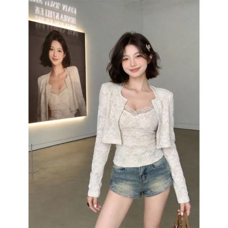 FA56725# 甜美蕾丝拼接短款上衣女早春纯欲性感蝴蝶结吊带背心长袖针织开衫  服裝批發女裝批發服飾貨源