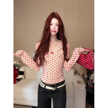 FA56726# 纯欲风辣妹爱心印花V领长袖T恤女秋冬季修身显瘦蕾丝拼接  服裝批發女裝批發服飾貨源