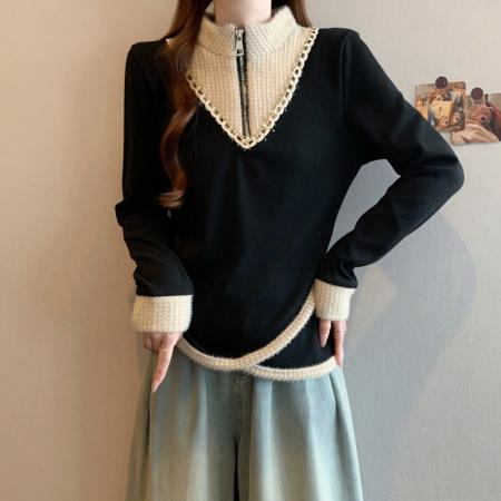 FA56727# 春季新款大码时尚小香风撞色拼接假两件宽松显瘦百搭上衣  服裝批發女裝批發服飾貨源