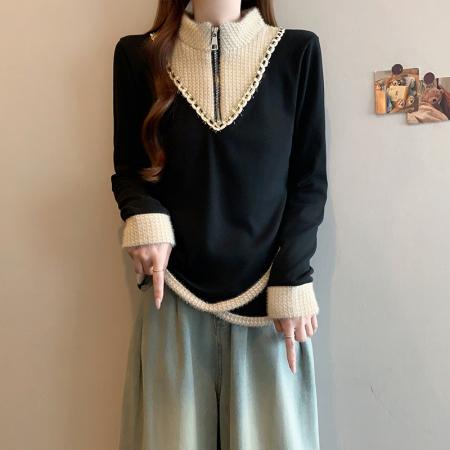 FA56727# 春季新款大码时尚小香风撞色拼接假两件宽松显瘦百搭上衣  服裝批發女裝批發服飾貨源