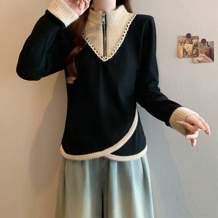 FA56727# 春季新款大码时尚小香风撞色拼接假两件宽松显瘦百搭上衣  服裝批發女裝批發服飾貨源