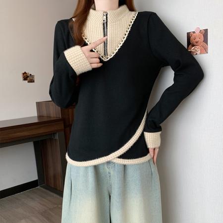 FA56727# 春季新款大码时尚小香风撞色拼接假两件宽松显瘦百搭上衣  服裝批發女裝批發服飾貨源