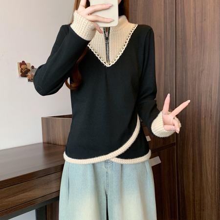 FA56727# 春季新款大码时尚小香风撞色拼接假两件宽松显瘦百搭上衣  服裝批發女裝批發服飾貨源