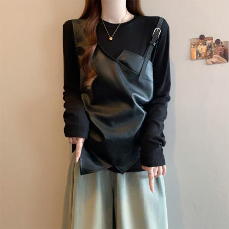 FA56728# 春季新款大码女时尚设计感PU皮假两件收腰显瘦不规则上衣  服裝批發女裝批發服飾貨源