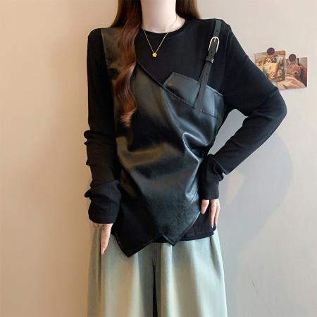FA56728# 春季新款大码女时尚设计感PU皮假两件收腰显瘦不规则上衣  服裝批發女裝批發服飾貨源