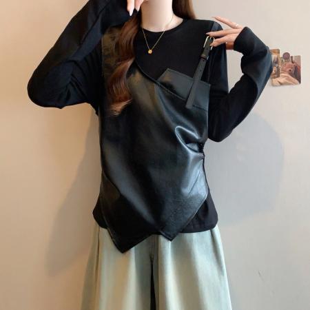 FA56728# 春季新款大码女时尚设计感PU皮假两件收腰显瘦不规则上衣  服裝批發女裝批發服飾貨源