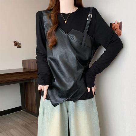 FA56728# 春季新款大码女时尚设计感PU皮假两件收腰显瘦不规则上衣  服裝批發女裝批發服飾貨源