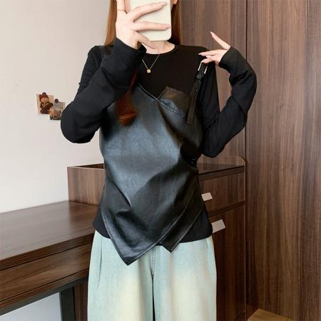 FA56728# 春季新款大码女时尚设计感PU皮假两件收腰显瘦不规则上衣  服裝批發女裝批發服飾貨源