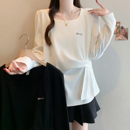 FA56729# 春季新款大码女韩版时尚洋气百搭收腰显瘦不规则T恤上衣  服裝批發女裝批發服飾貨源