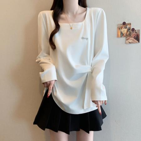 FA56729# 春季新款大码女韩版时尚洋气百搭收腰显瘦不规则T恤上衣  服裝批發女裝批發服飾貨源