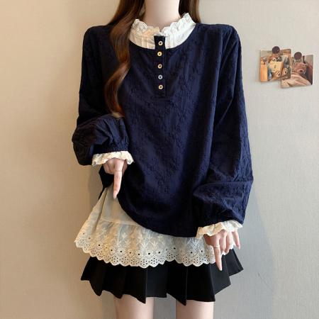 FA56730# 春季新款大码女装时尚设计感小众显瘦百搭拼接假两件衬衫  服裝批發女裝批發服飾貨源