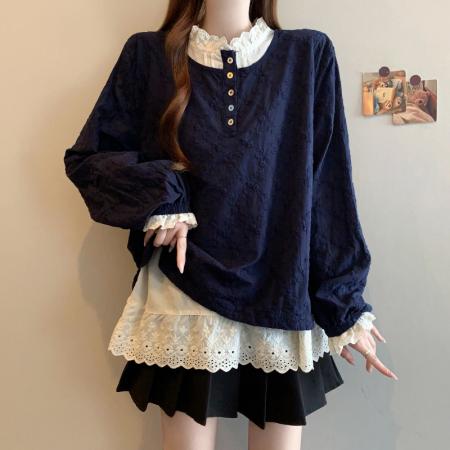 FA56730# 春季新款大码女装时尚设计感小众显瘦百搭拼接假两件衬衫  服裝批發女裝批發服飾貨源