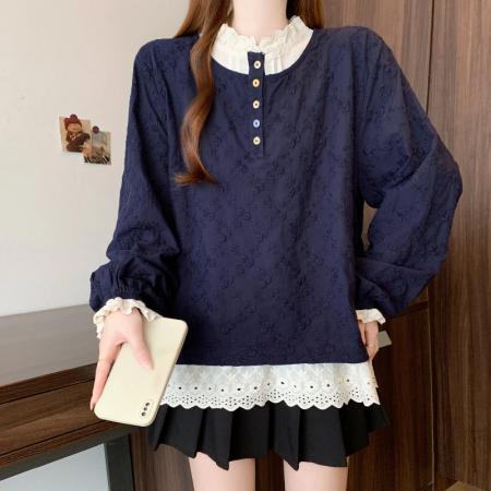 FA56730# 春季新款大码女装时尚设计感小众显瘦百搭拼接假两件衬衫  服裝批發女裝批發服飾貨源