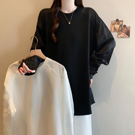 FA56731# 春季新款大码韩版时尚设计感新中式拼接宽松显瘦中长T恤  服裝批發女裝批發服飾貨源