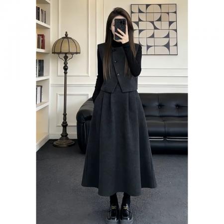 FA56732# 韩系灰色收腰针织连衣裙子女秋冬高级感气质毛衣套装长裙  服裝批發女裝批發服飾貨源