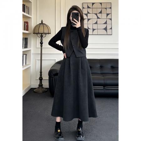 FA56732# 韩系灰色收腰针织连衣裙子女秋冬高级感气质毛衣套装长裙  服裝批發女裝批發服飾貨源