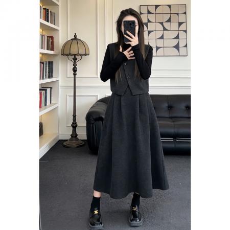 FA56732# 韩系灰色收腰针织连衣裙子女秋冬高级感气质毛衣套装长裙  服裝批發女裝批發服飾貨源