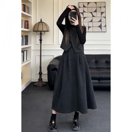 FA56732# 韩系灰色收腰针织连衣裙子女秋冬高级感气质毛衣套装长裙  服裝批發女裝批發服飾貨源