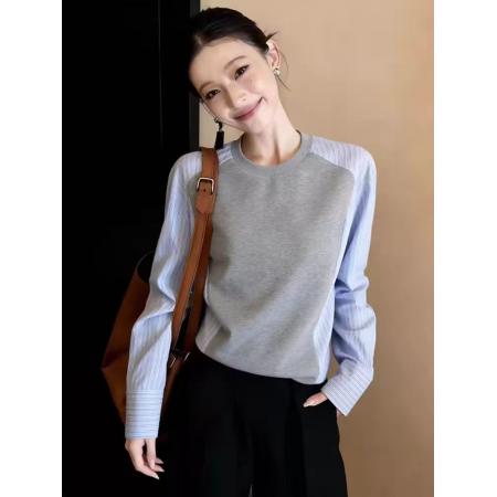 FA56733# 复古灰色条纹拼接圆领卫衣女设计感秋冬设计感百搭假两件长袖上衣  服裝批發女裝批發服飾貨源