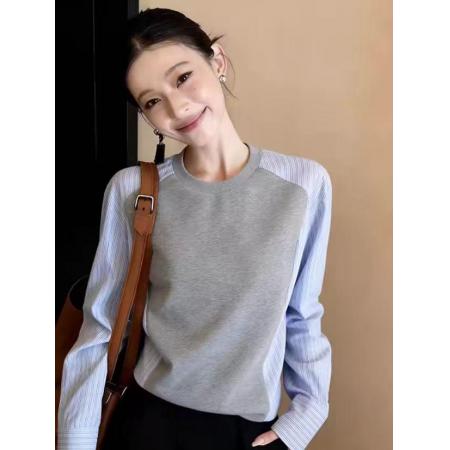 FA56733# 复古灰色条纹拼接圆领卫衣女设计感秋冬设计感百搭假两件长袖上衣  服裝批發女裝批發服飾貨源