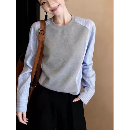 FA56733# 复古灰色条纹拼接圆领卫衣女设计感秋冬设计感百搭假两件长袖上衣  服裝批發女裝批發服飾貨源