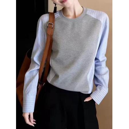 FA56733# 复古灰色条纹拼接圆领卫衣女设计感秋冬设计感百搭假两件长袖上衣  服裝批發女裝批發服飾貨源