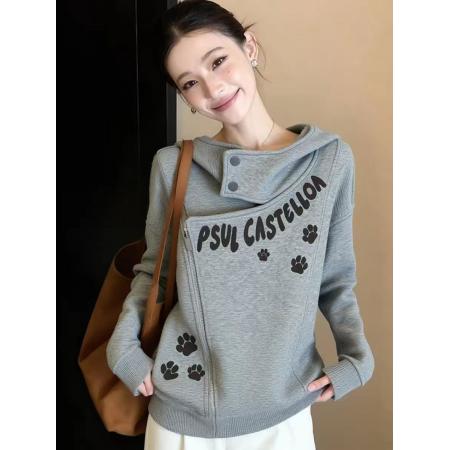 FA56734# 秋冬独特松弛感猫爪印花长袖卫衣女设计感小众慵懒风绝美百搭上衣  服裝批發女裝批發服飾貨源