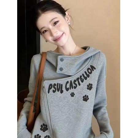 FA56734# 秋冬独特松弛感猫爪印花长袖卫衣女设计感小众慵懒风绝美百搭上衣  服裝批發女裝批發服飾貨源