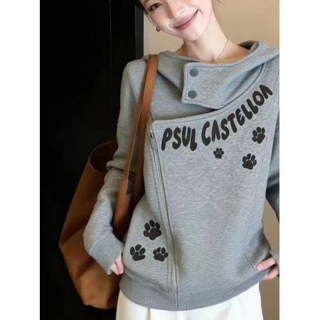 FA56734# 秋冬独特松弛感猫爪印花长袖卫衣女设计感小众慵懒风绝美百搭上衣  服裝批發女裝批發服飾貨源