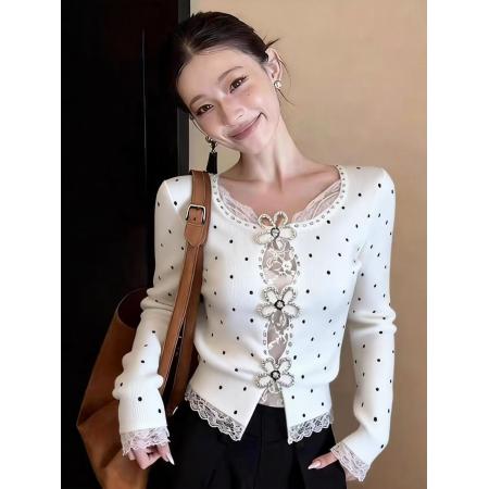 FA56735# 韩系性感穿搭镂空蕾丝拼接长袖女春季新款修身显瘦波点上衣  服裝批發女裝批發服飾貨源
