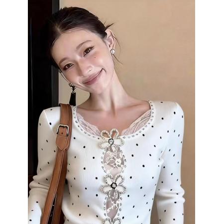 FA56735# 韩系性感穿搭镂空蕾丝拼接长袖女春季新款修身显瘦波点上衣  服裝批發女裝批發服飾貨源