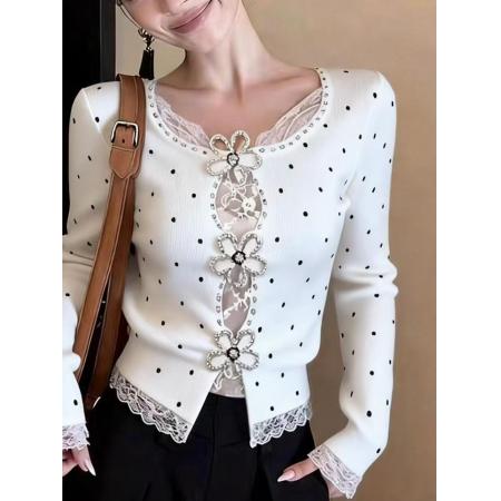 FA56735# 韩系性感穿搭镂空蕾丝拼接长袖女春季新款修身显瘦波点上衣  服裝批發女裝批發服飾貨源