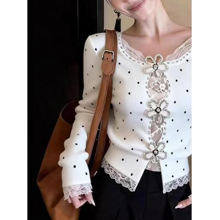 FA56735# 韩系性感穿搭镂空蕾丝拼接长袖女春季新款修身显瘦波点上衣  服裝批發女裝批發服飾貨源